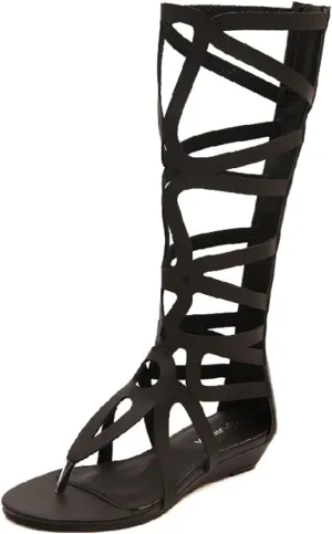 ANUFER Womens Knee High Roman Gladiator Sandals Rivets Studded Strappy Zipper Thong Sandals