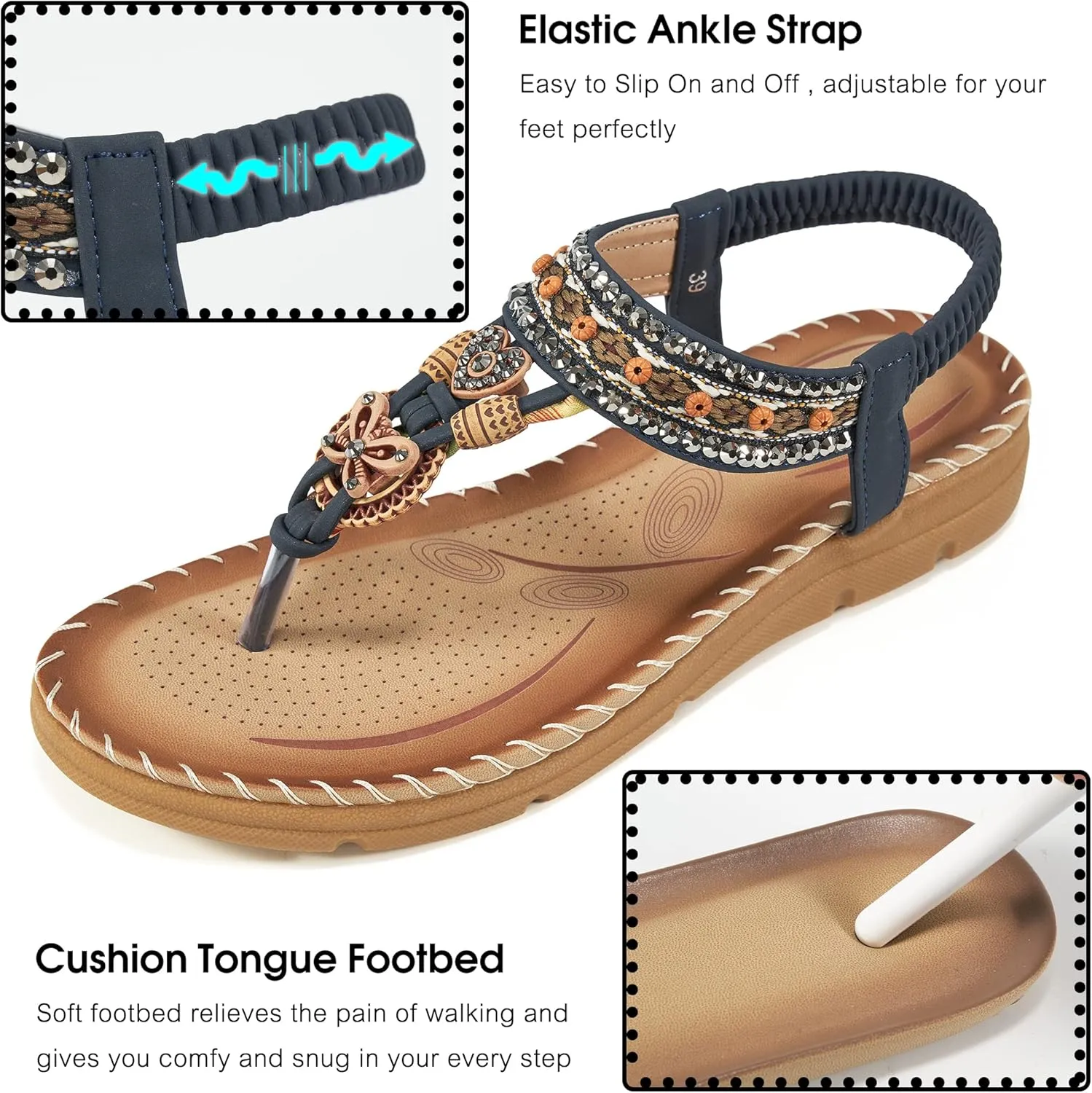 Aomigoct Sandals Women Flat Shoes: Dressy Summer Bohemian Flats Shoes for Women Sandals Comfortable Ankle Strap Outdoor Walking