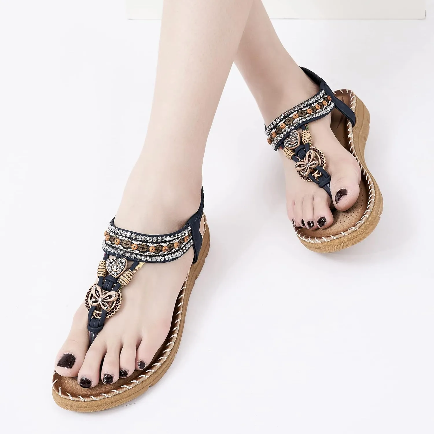Aomigoct Sandals Women Flat Shoes: Dressy Summer Bohemian Flats Shoes for Women Sandals Comfortable Ankle Strap Outdoor Walking