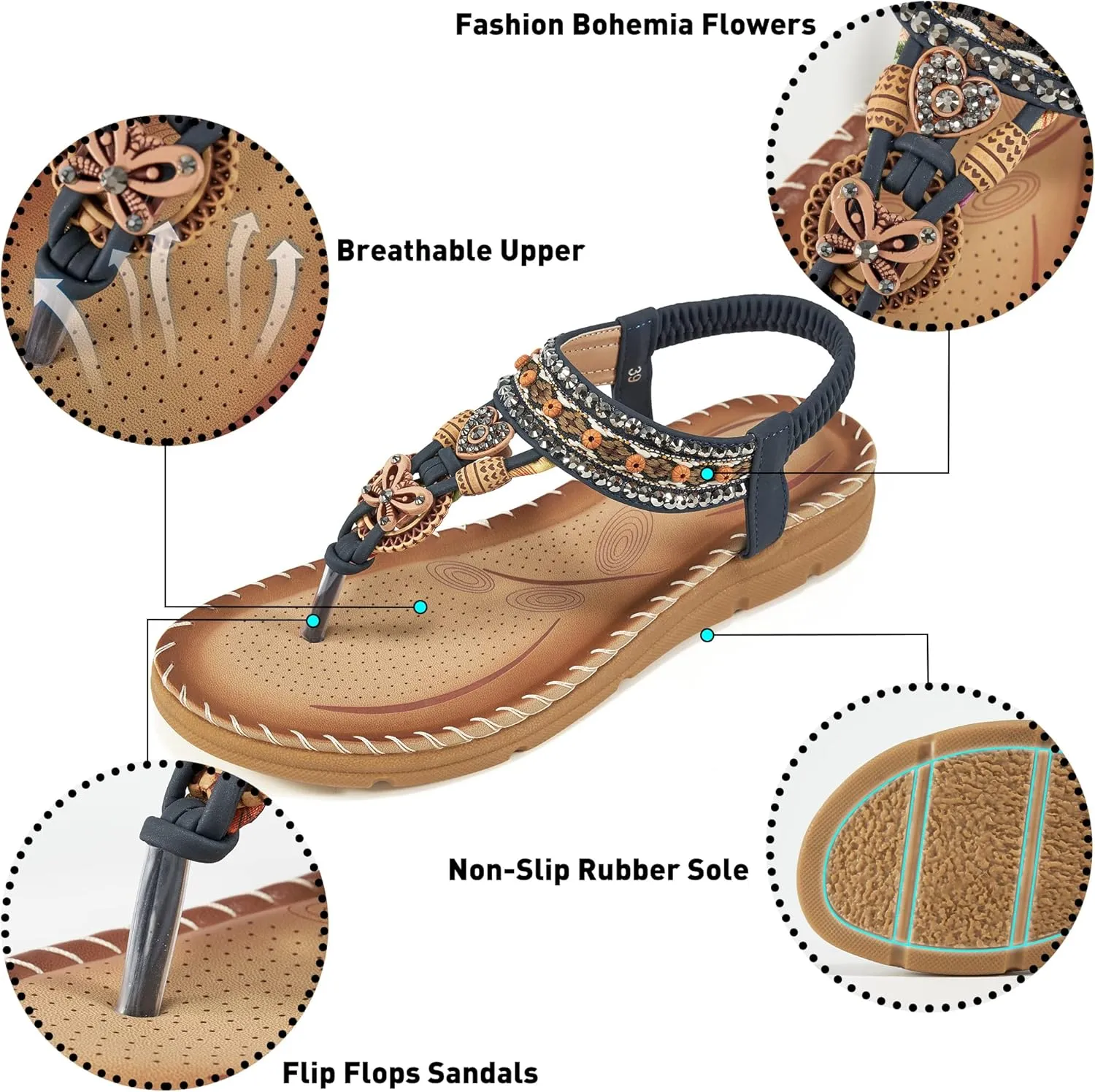 Aomigoct Sandals Women Flat Shoes: Dressy Summer Bohemian Flats Shoes for Women Sandals Comfortable Ankle Strap Outdoor Walking