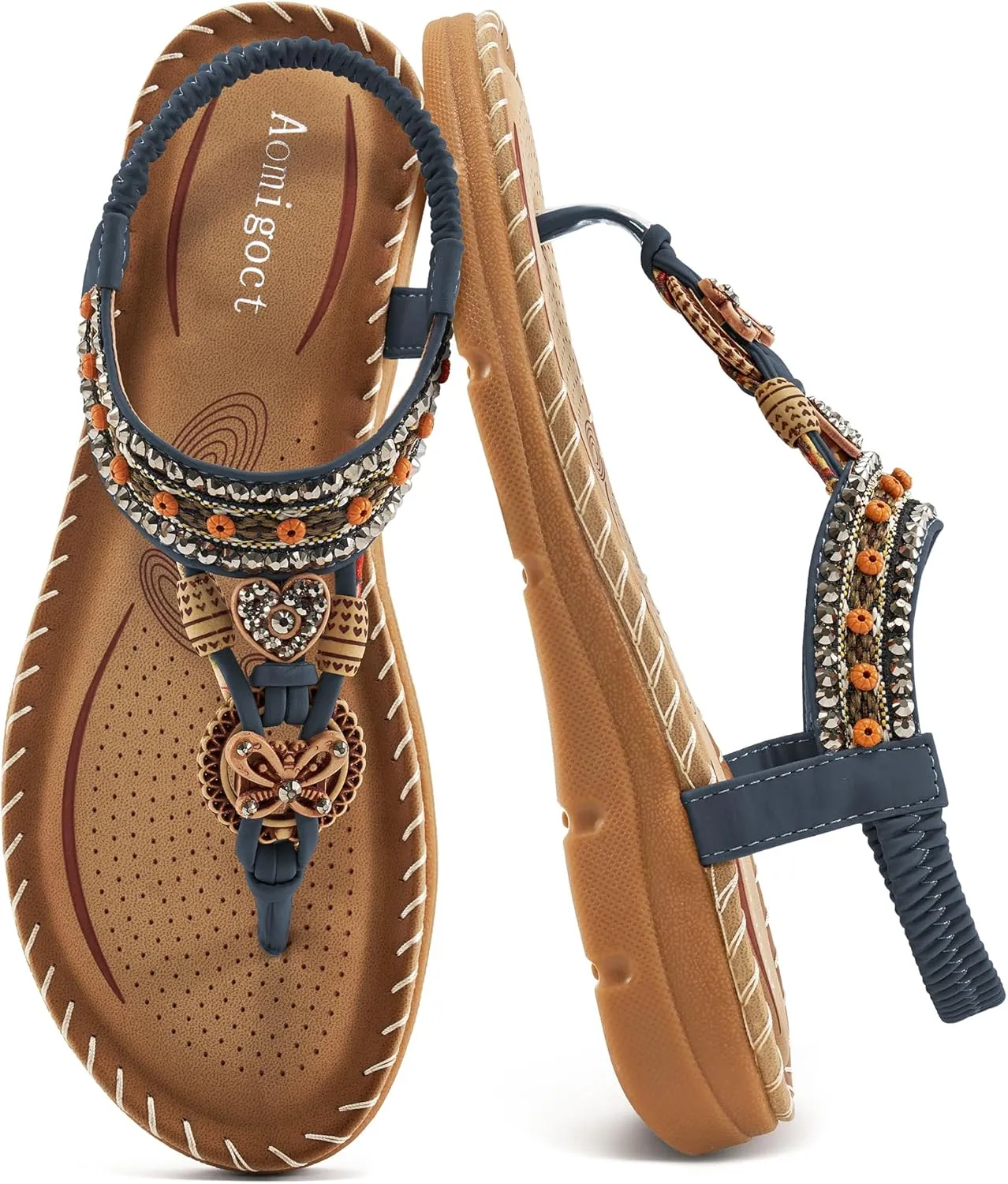 Aomigoct Sandals Women Flat Shoes: Dressy Summer Bohemian Flats Shoes for Women Sandals Comfortable Ankle Strap Outdoor Walking