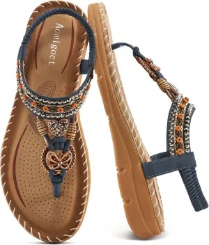 Aomigoct Sandals Women Flat Shoes: Dressy Summer Bohemian Flats Shoes for Women Sandals Comfortable Ankle Strap Outdoor Walking
