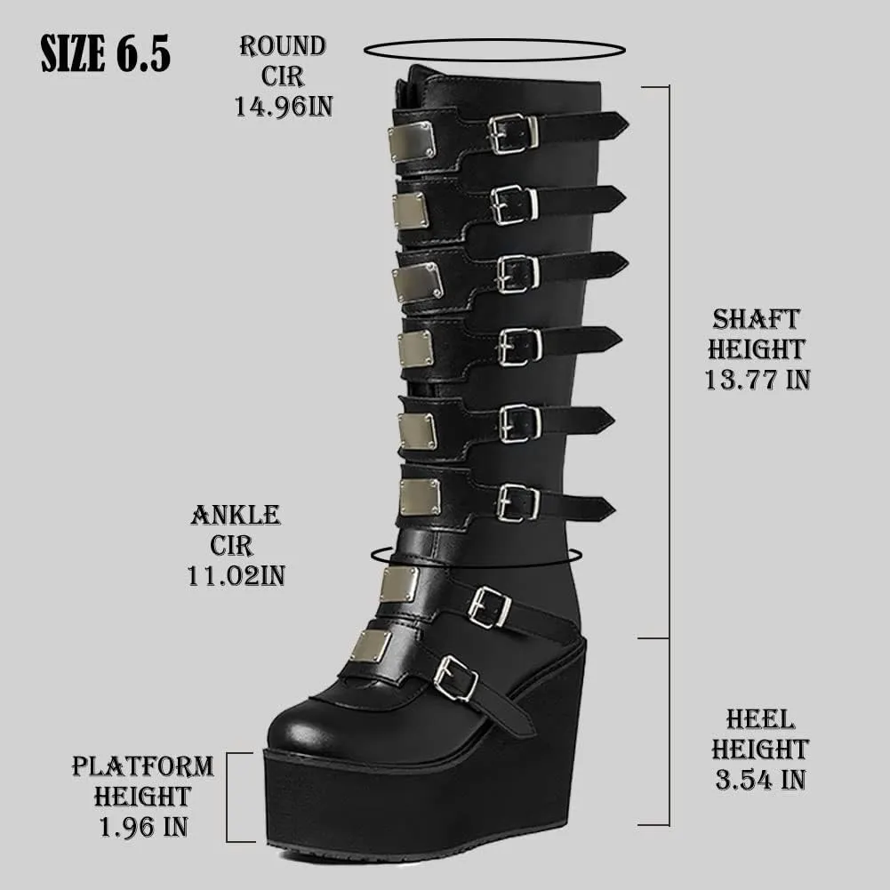 AOSPHIRAYLIAN Womens Goth Knee High Boots Wedge High Heel Motorcycle Punk Combat Platform Boots