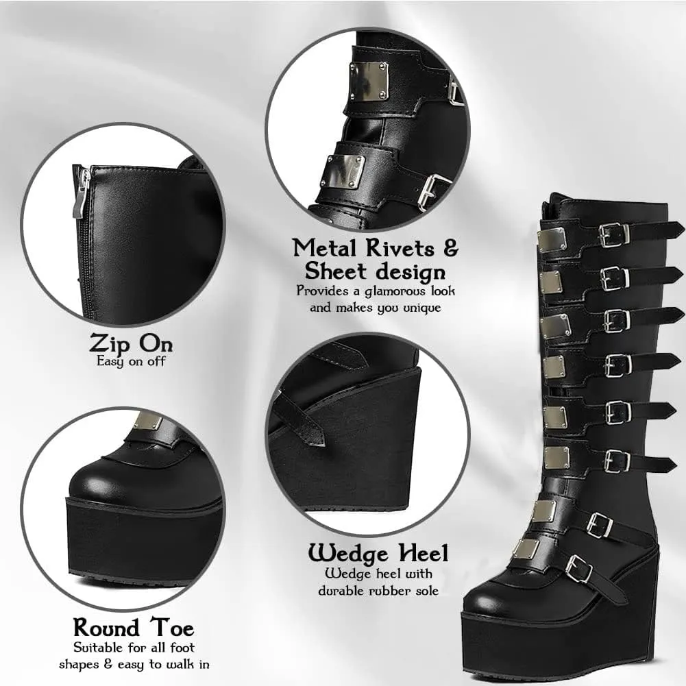 AOSPHIRAYLIAN Womens Goth Knee High Boots Wedge High Heel Motorcycle Punk Combat Platform Boots