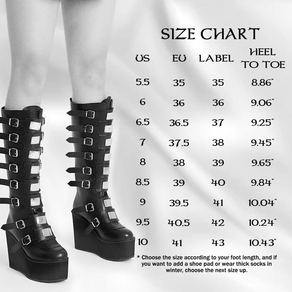 AOSPHIRAYLIAN Womens Goth Knee High Boots Wedge High Heel Motorcycle Punk Combat Platform Boots
