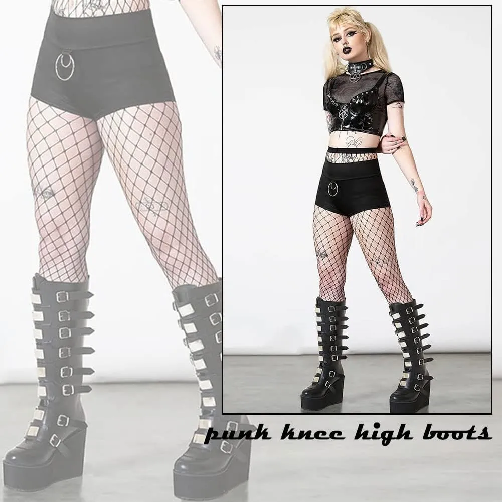 AOSPHIRAYLIAN Womens Goth Knee High Boots Wedge High Heel Motorcycle Punk Combat Platform Boots