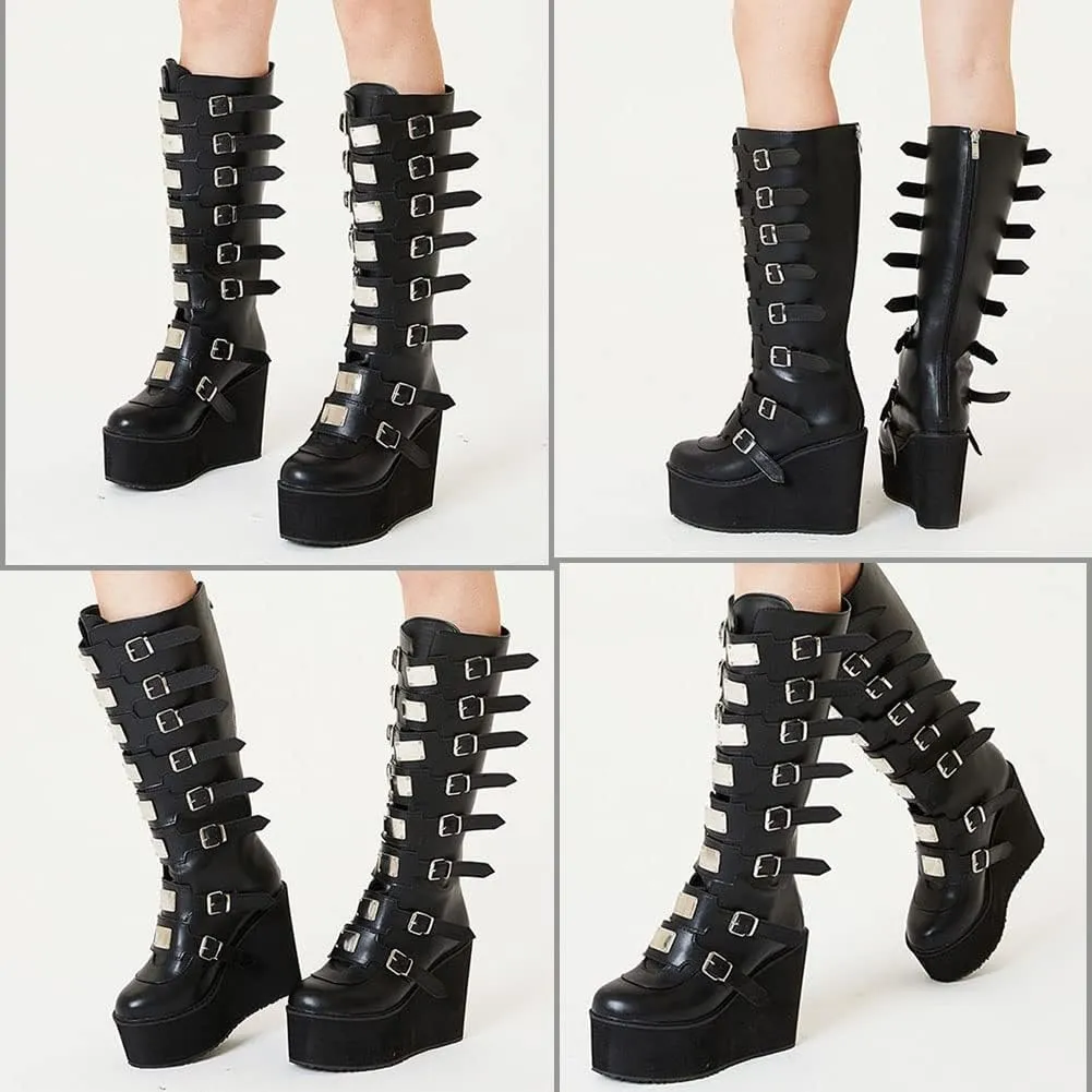 AOSPHIRAYLIAN Womens Goth Knee High Boots Wedge High Heel Motorcycle Punk Combat Platform Boots