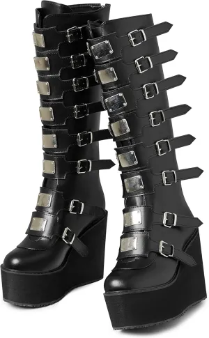 AOSPHIRAYLIAN Womens Goth Knee High Boots Wedge High Heel Motorcycle Punk Combat Platform Boots
