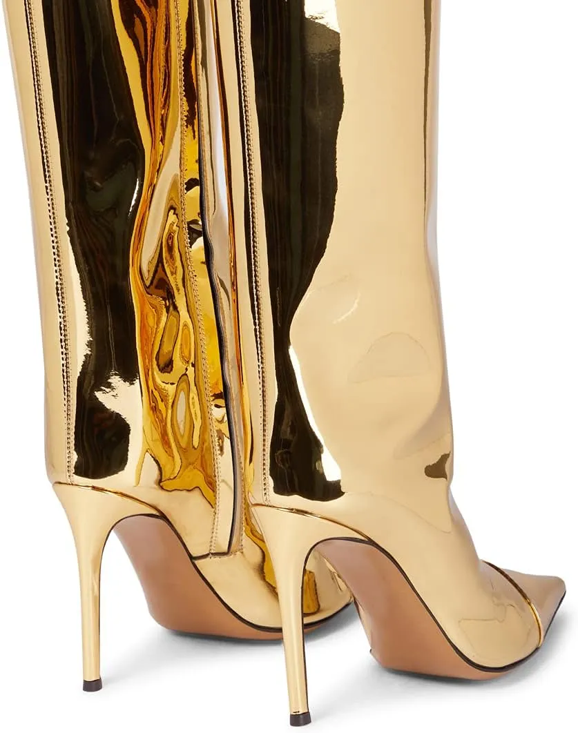 Arqa Metallic Boots for Women Pointed Toe High Stiletto Heel Knee High Boot Fashion Chrome Zipper Boot Dressy Party Shoes