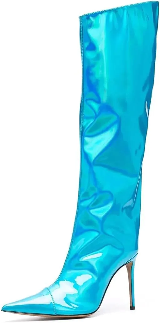 Arqa Metallic Boots for Women Pointed Toe High Stiletto Heel Knee High Boot Fashion Chrome Zipper Boot Dressy Party Shoes
