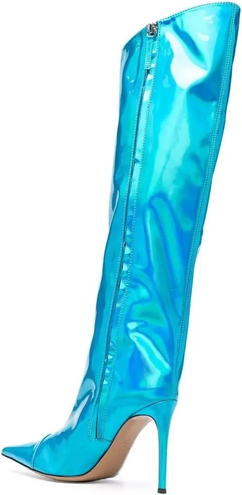 Arqa Metallic Boots for Women Pointed Toe High Stiletto Heel Knee High Boot Fashion Chrome Zipper Boot Dressy Party Shoes