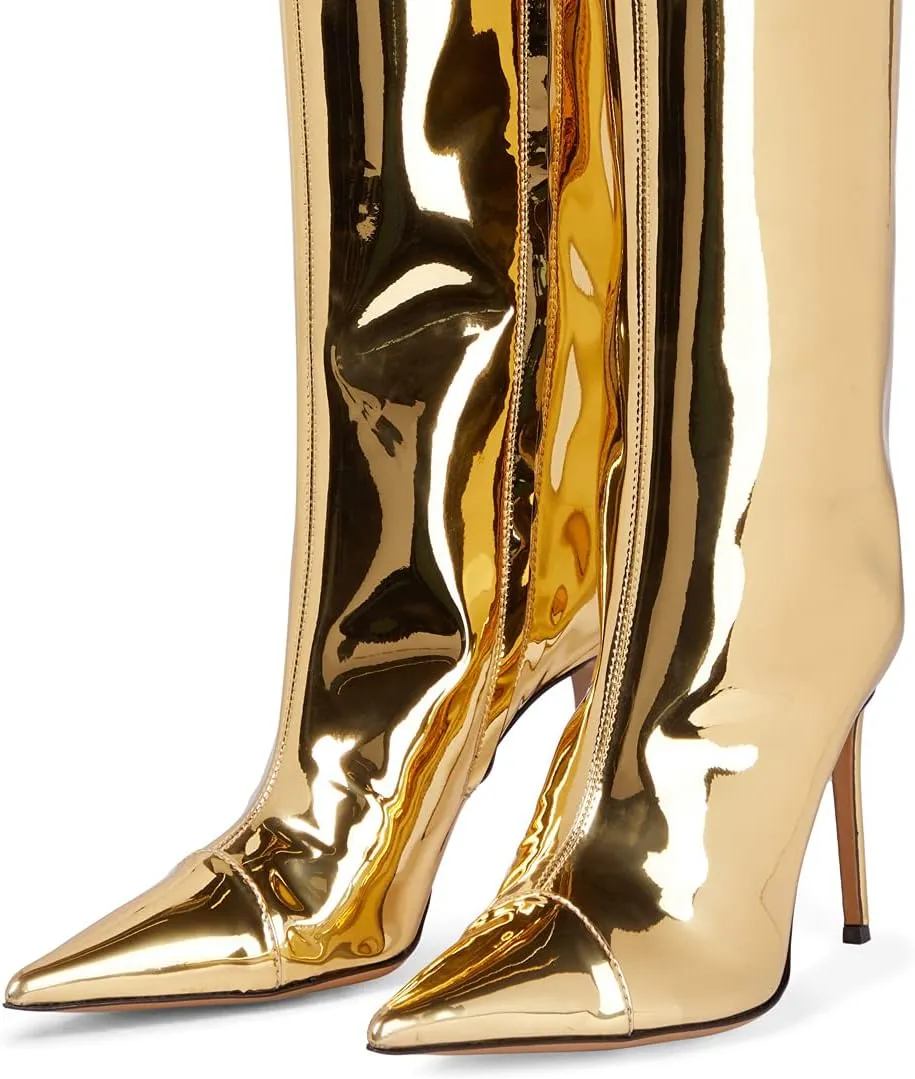 Arqa Metallic Boots for Women Pointed Toe High Stiletto Heel Knee High Boot Fashion Chrome Zipper Boot Dressy Party Shoes