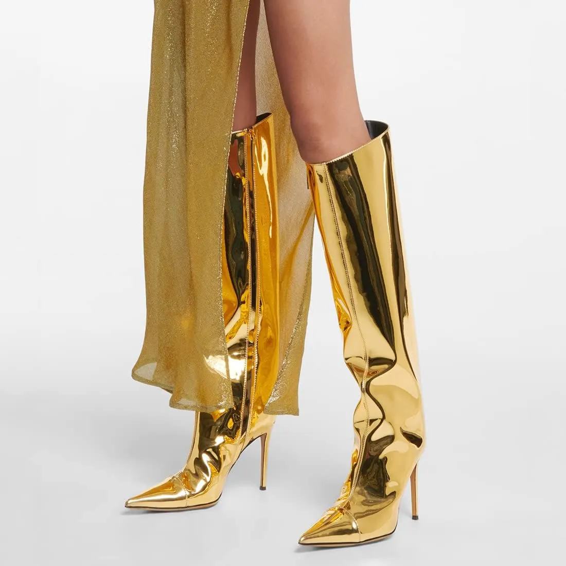 Arqa Metallic Boots for Women Pointed Toe High Stiletto Heel Knee High Boot Fashion Chrome Zipper Boot Dressy Party Shoes