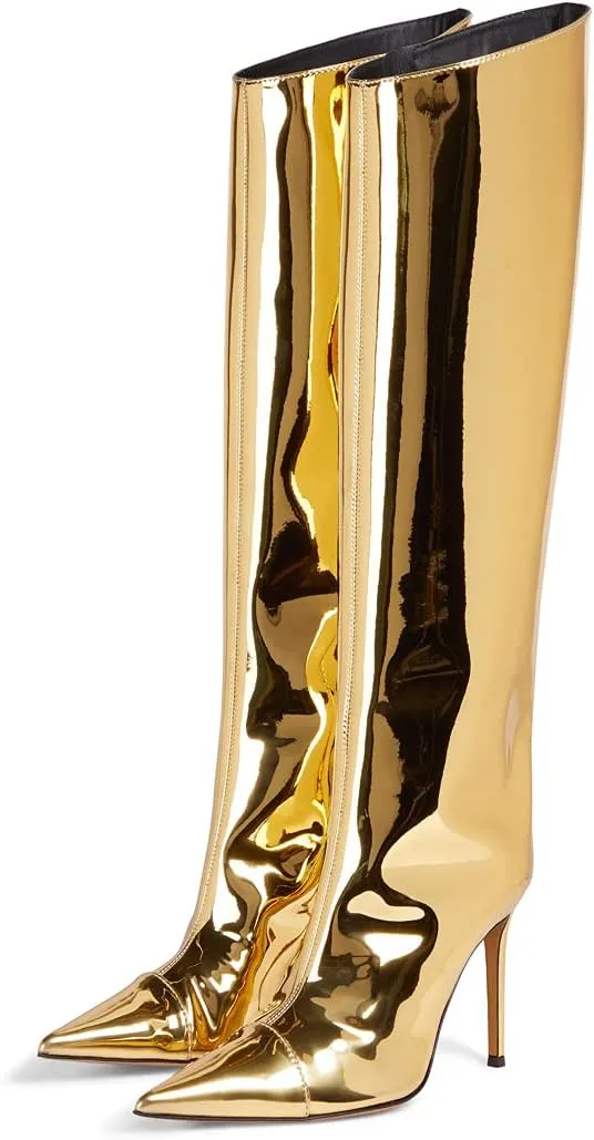 Arqa Metallic Boots for Women Pointed Toe High Stiletto Heel Knee High Boot Fashion Chrome Zipper Boot Dressy Party Shoes