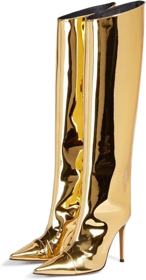 Arqa Metallic Boots for Women Pointed Toe High Stiletto Heel Knee High Boot Fashion Chrome Zipper Boot Dressy Party Shoes