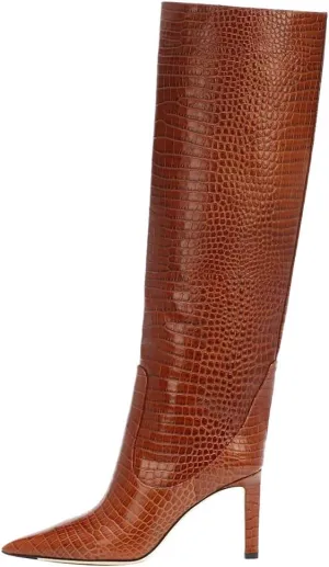 Arqa Women's Stiletto High Heel Knee High Boots Pointy Toe Faux Crocodile Print Boot Casual Dress Shoes