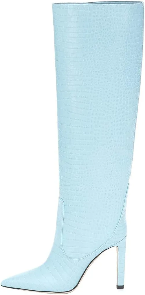 Arqa Women's Stiletto High Heel Knee High Boots Pointy Toe Faux Crocodile Print Boot Casual Dress Shoes