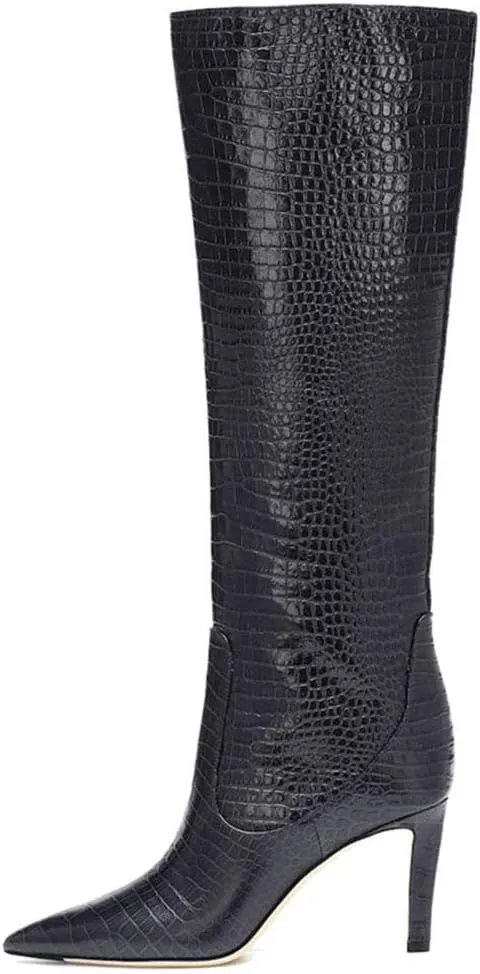 Arqa Women's Stiletto High Heel Knee High Boots Pointy Toe Faux Crocodile Print Boot Casual Dress Shoes