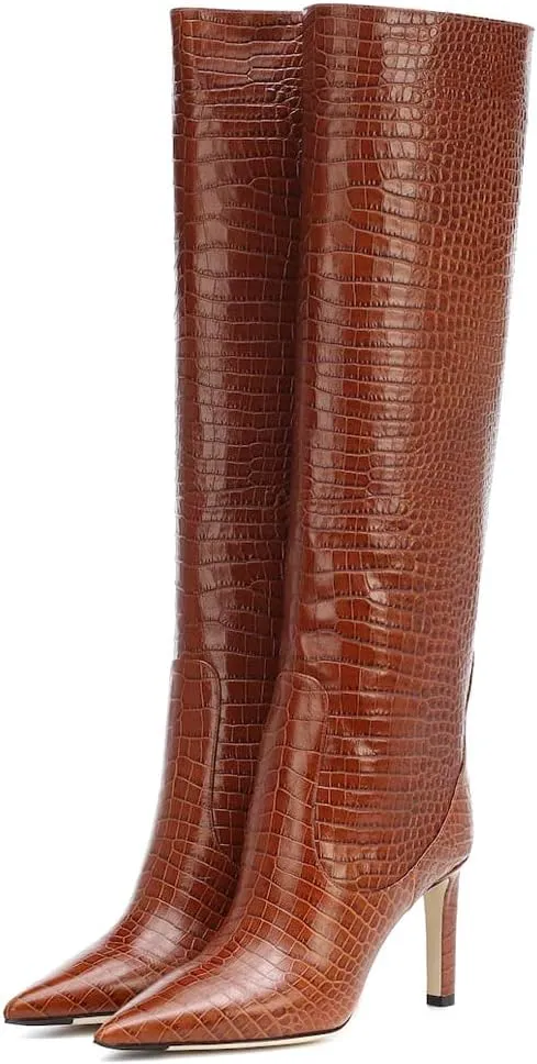 Arqa Women's Stiletto High Heel Knee High Boots Pointy Toe Faux Crocodile Print Boot Casual Dress Shoes