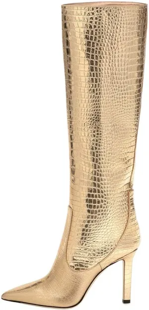 Arqa Women's Stiletto High Heel Knee High Boots Pointy Toe Faux Crocodile Print Boot Casual Dress Shoes