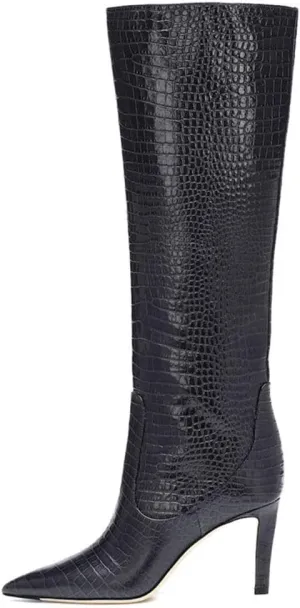 Arqa Women's Stiletto High Heel Knee High Boots Pointy Toe Faux Crocodile Print Boot Casual Dress Shoes
