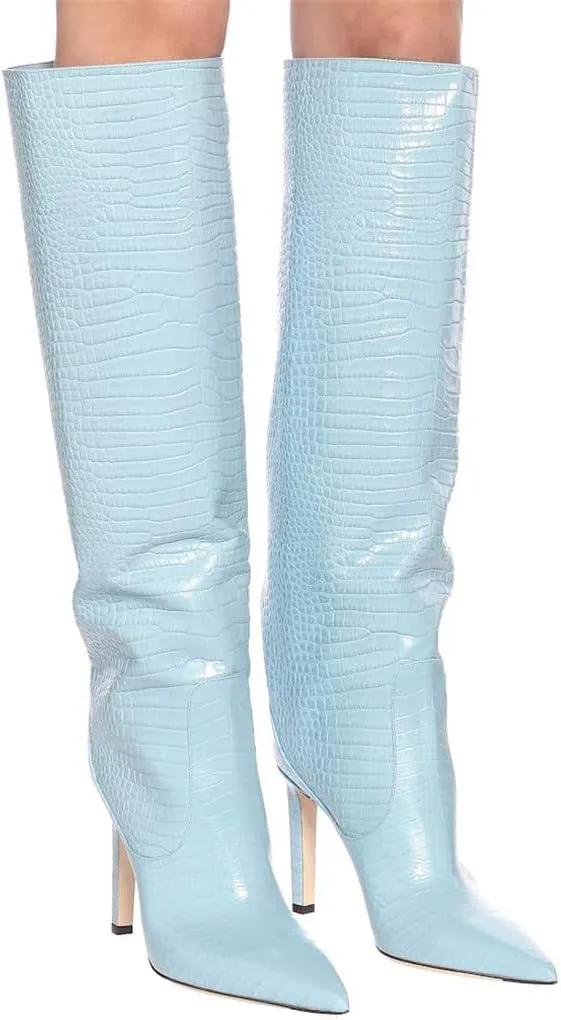 Arqa Women's Stiletto High Heel Knee High Boots Pointy Toe Faux Crocodile Print Boot Casual Dress Shoes