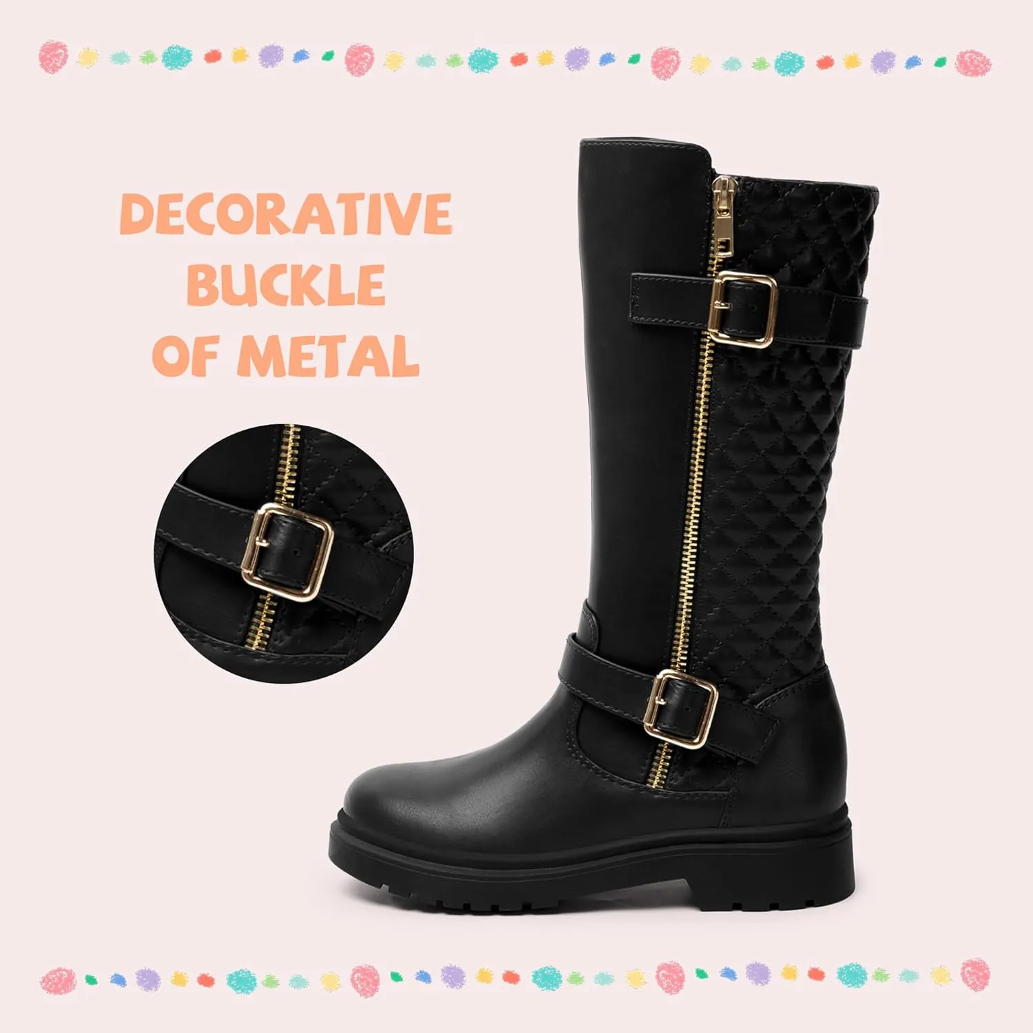 Athlefit Girls Riding Boots Fashion Buckle Side Zipper Knee High Boots for Toddler/Little Kid/Big Kid
