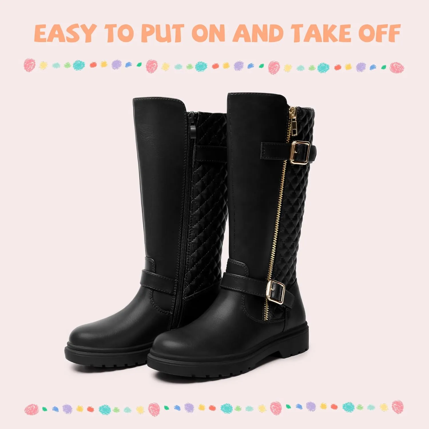Athlefit Girls Riding Boots Fashion Buckle Side Zipper Knee High Boots for Toddler/Little Kid/Big Kid