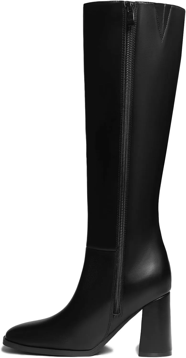 Athlefit Women's Knee High Boots Fashion Chunky Heel Square Toe Tall Boots Side Zipper Long Boots