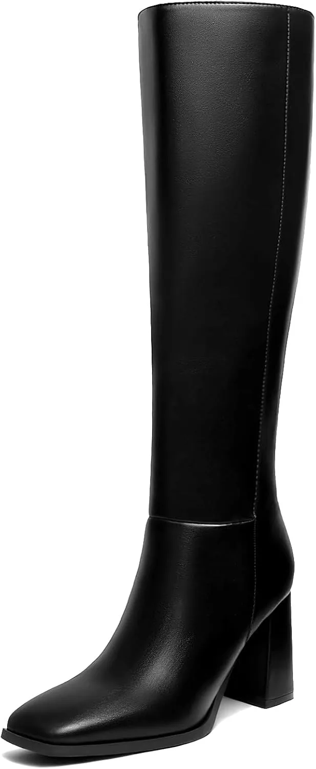 Athlefit Women's Knee High Boots Fashion Chunky Heel Square Toe Tall Boots Side Zipper Long Boots