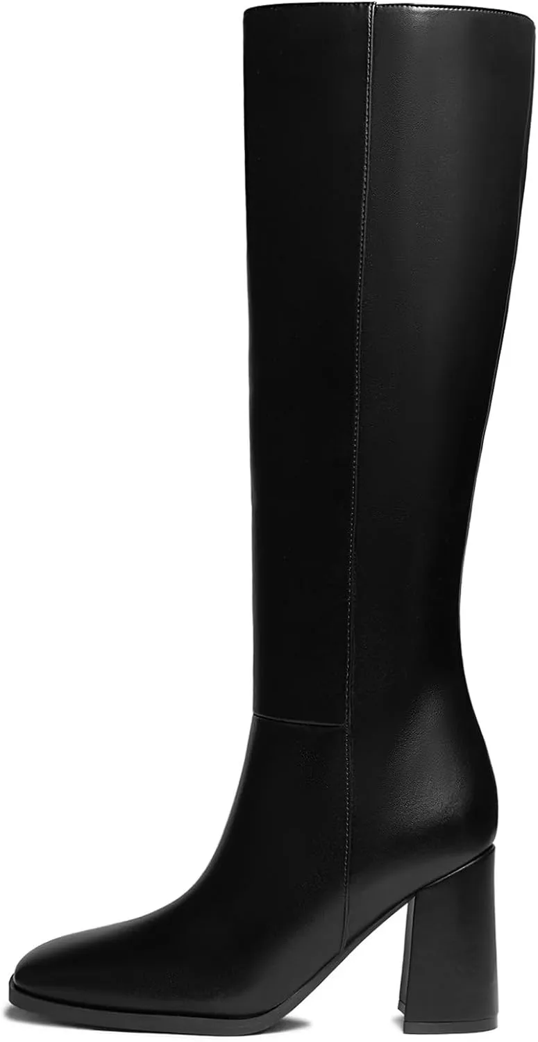 Athlefit Women's Knee High Boots Fashion Chunky Heel Square Toe Tall Boots Side Zipper Long Boots