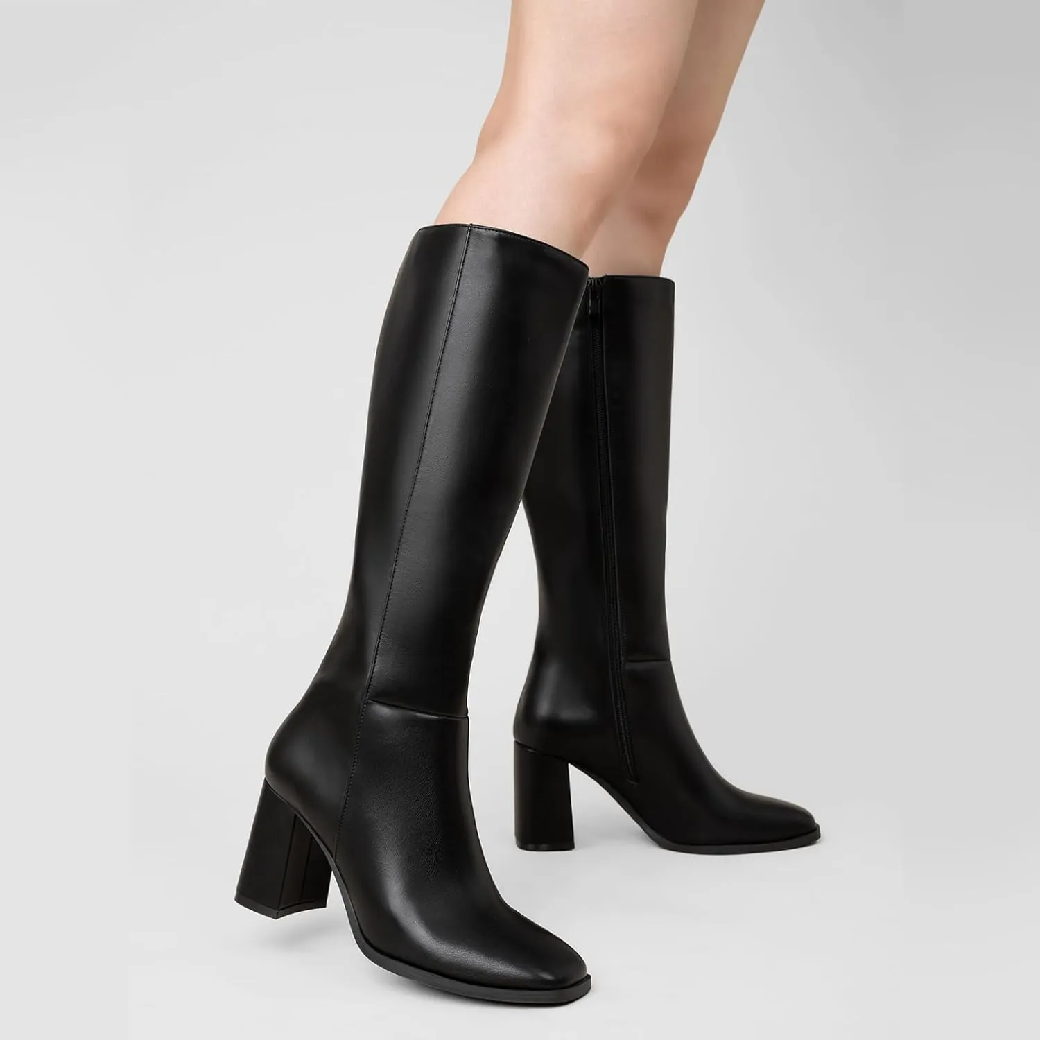 Athlefit Women's Knee High Boots Fashion Chunky Heel Square Toe Tall Boots Side Zipper Long Boots
