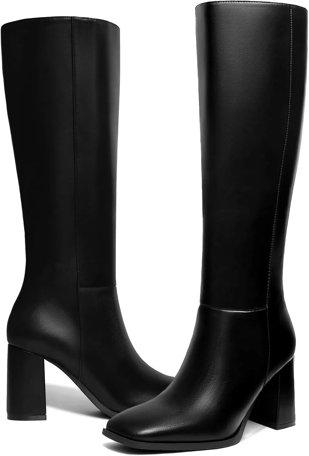 Athlefit Women's Knee High Boots Fashion Chunky Heel Square Toe Tall Boots Side Zipper Long Boots