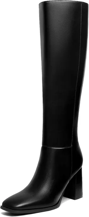 Athlefit Women's Knee High Boots Fashion Chunky Heel Square Toe Tall Boots Side Zipper Long Boots