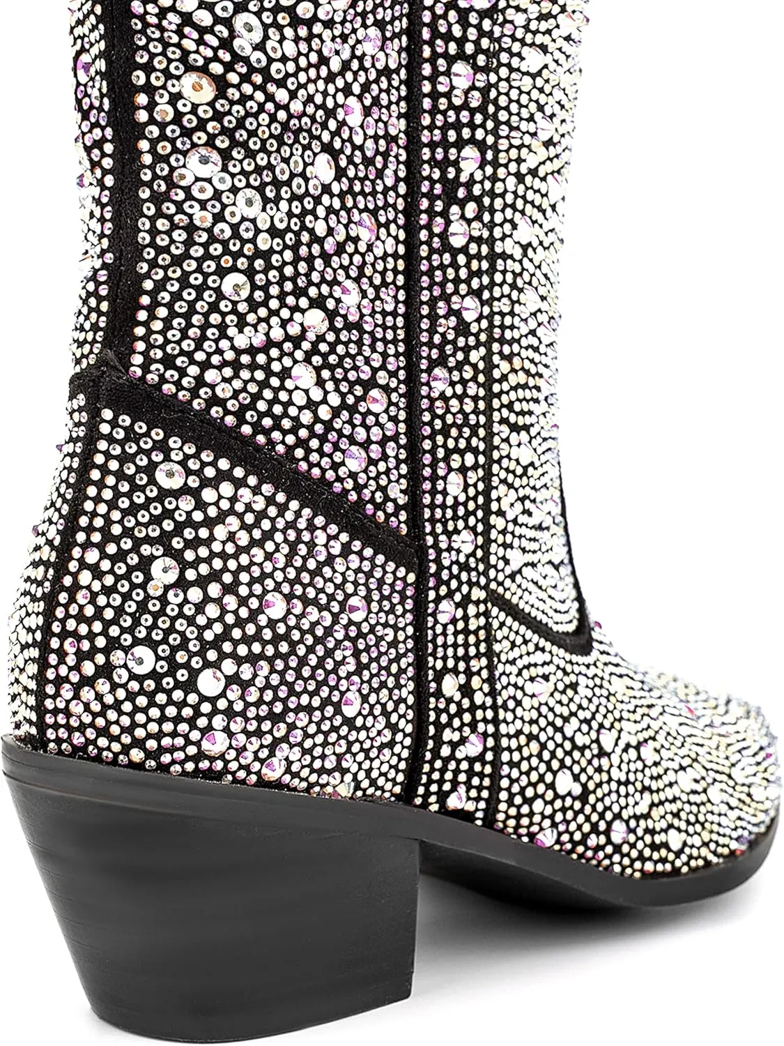 Atuelang Women's Rhinestone Cowboy Boots Sparkly Knee High Boots Fashion Pointed Toe Block Heel Mid Calf Cowgirl Short Ankle Booties