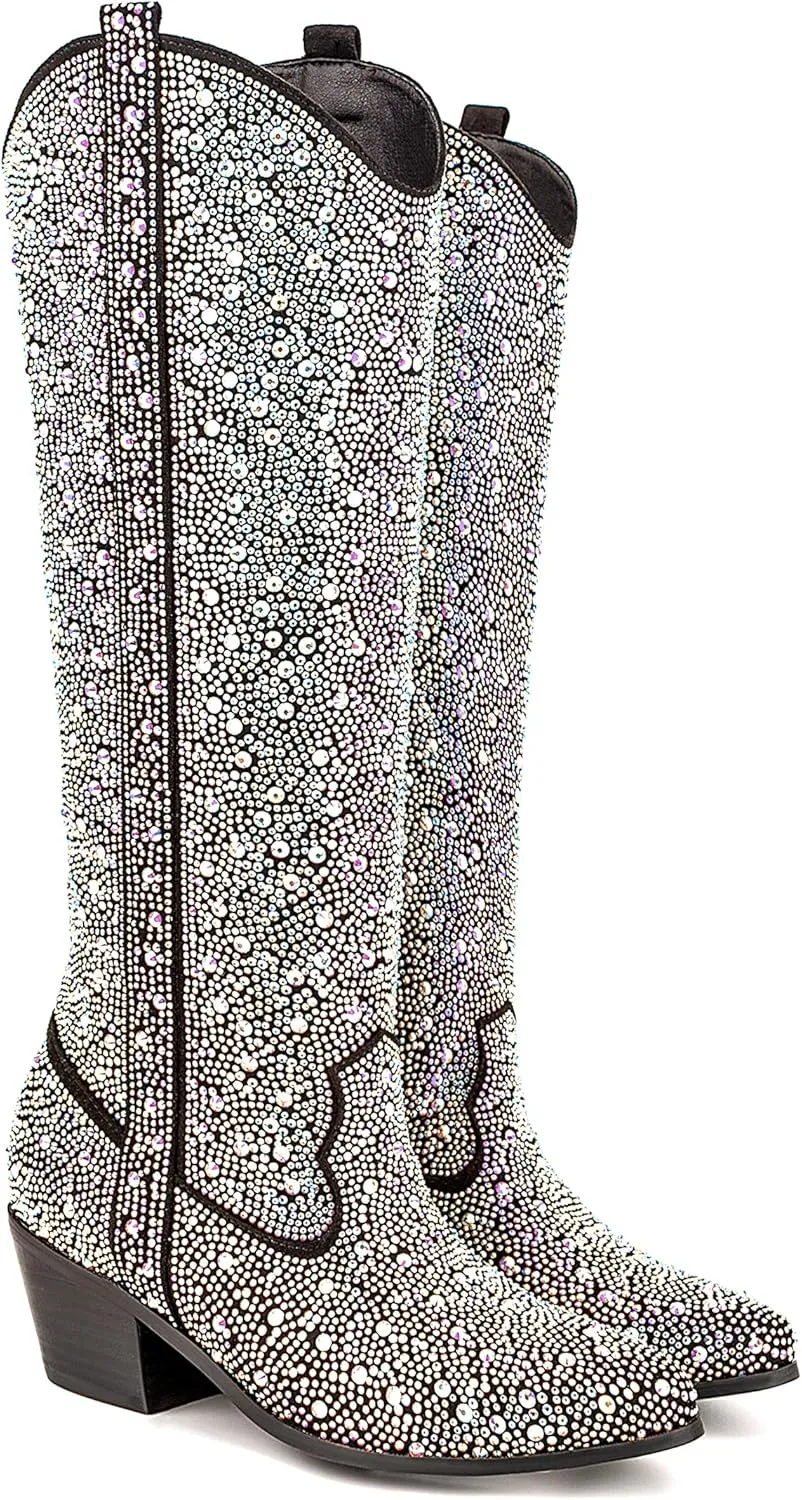 Atuelang Women's Rhinestone Cowboy Boots Sparkly Knee High Boots Fashion Pointed Toe Block Heel Mid Calf Cowgirl Short Ankle Booties