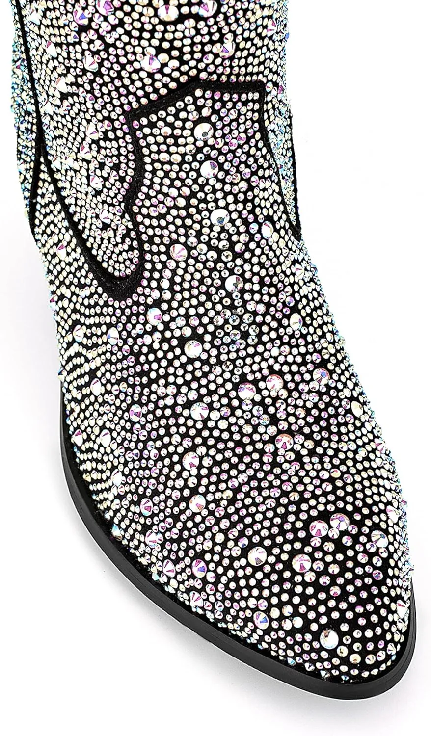Atuelang Women's Rhinestone Cowboy Boots Sparkly Knee High Boots Fashion Pointed Toe Block Heel Mid Calf Cowgirl Short Ankle Booties