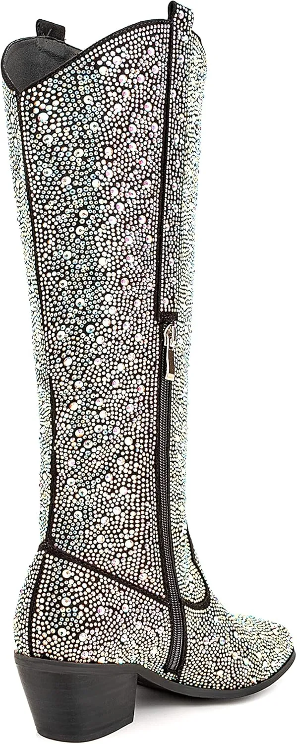 Atuelang Women's Rhinestone Cowboy Boots Sparkly Knee High Boots Fashion Pointed Toe Block Heel Mid Calf Cowgirl Short Ankle Booties