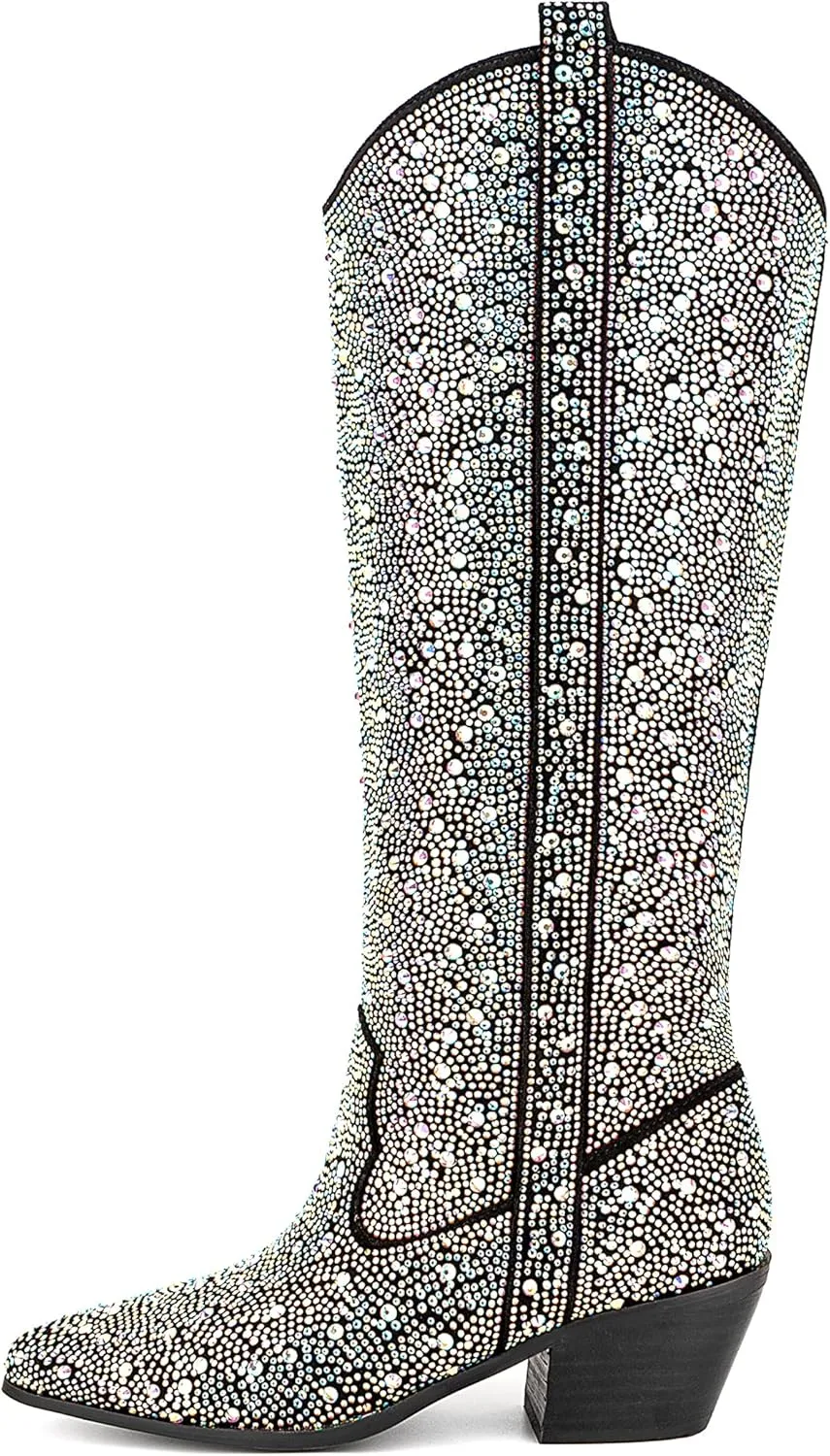 Atuelang Women's Rhinestone Cowboy Boots Sparkly Knee High Boots Fashion Pointed Toe Block Heel Mid Calf Cowgirl Short Ankle Booties