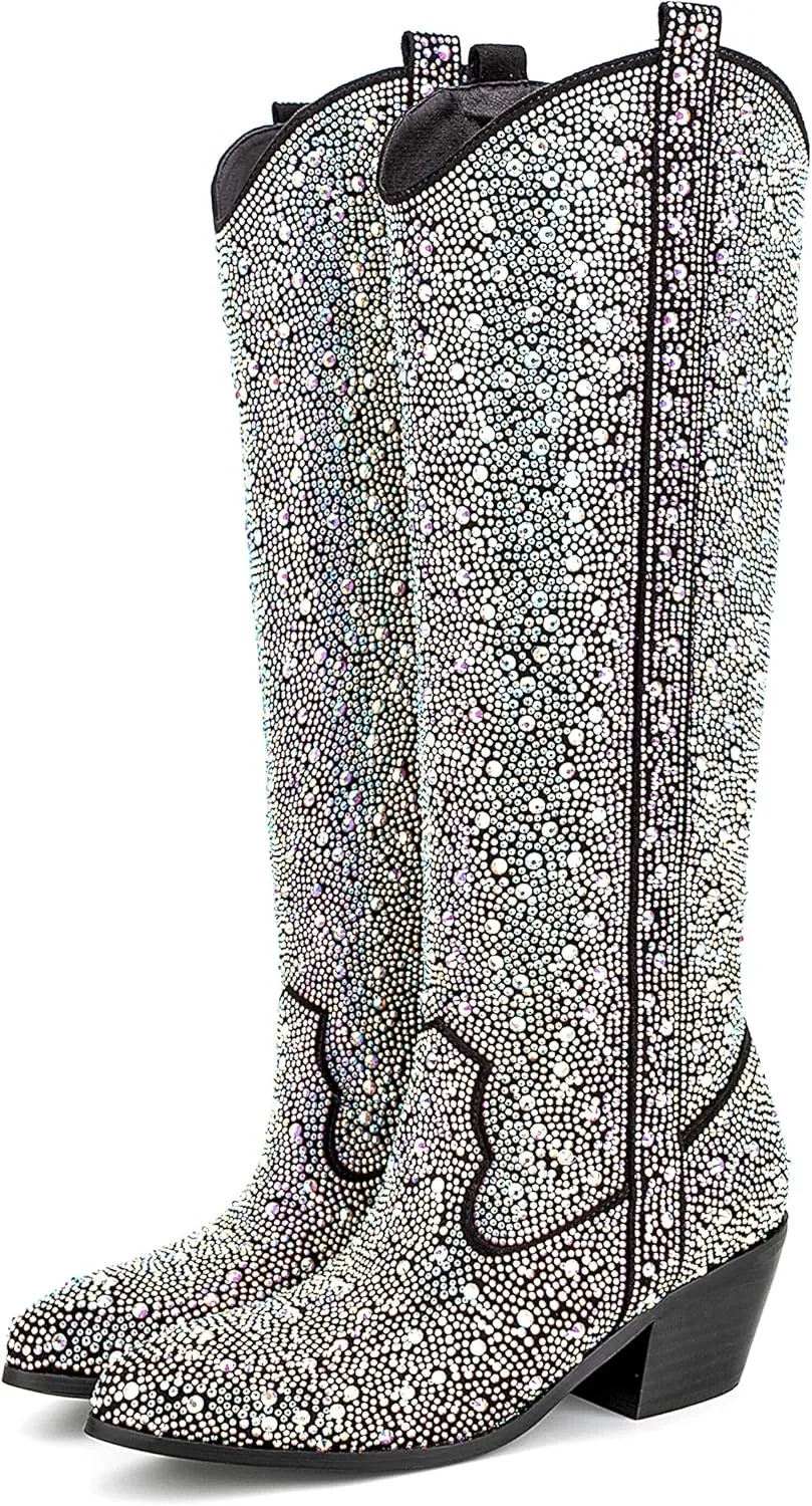 Atuelang Women's Rhinestone Cowboy Boots Sparkly Knee High Boots Fashion Pointed Toe Block Heel Mid Calf Cowgirl Short Ankle Booties