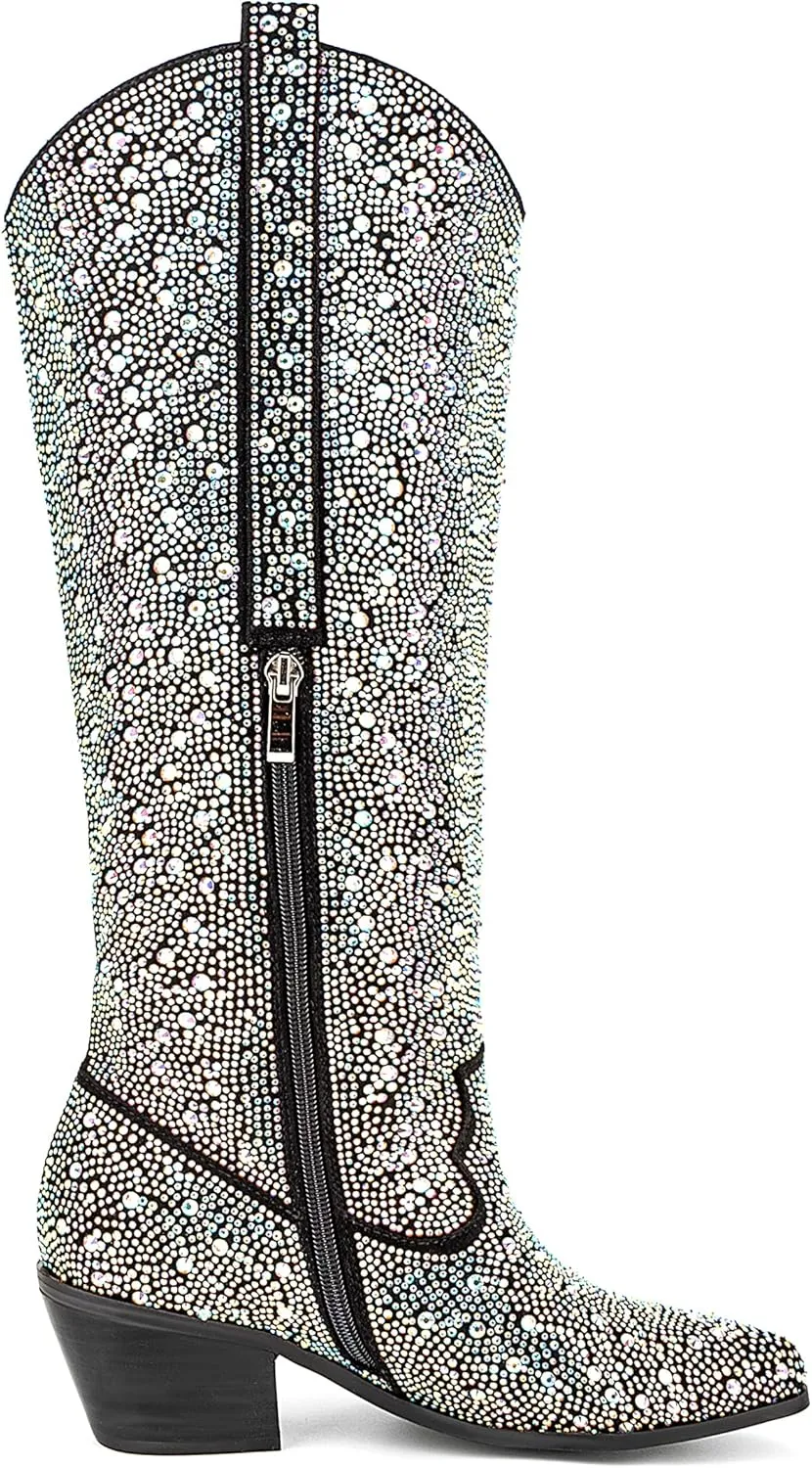 Atuelang Women's Rhinestone Cowboy Boots Sparkly Knee High Boots Fashion Pointed Toe Block Heel Mid Calf Cowgirl Short Ankle Booties