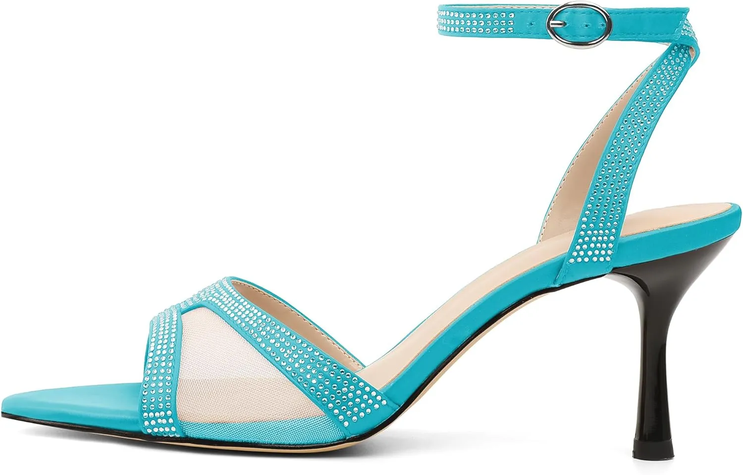 AUMOTED Mesh Heels for Women Open Toe Stiletto Heels Backless Strap Dress Shoes 2.7 Inch Sexy Kitten Sandals