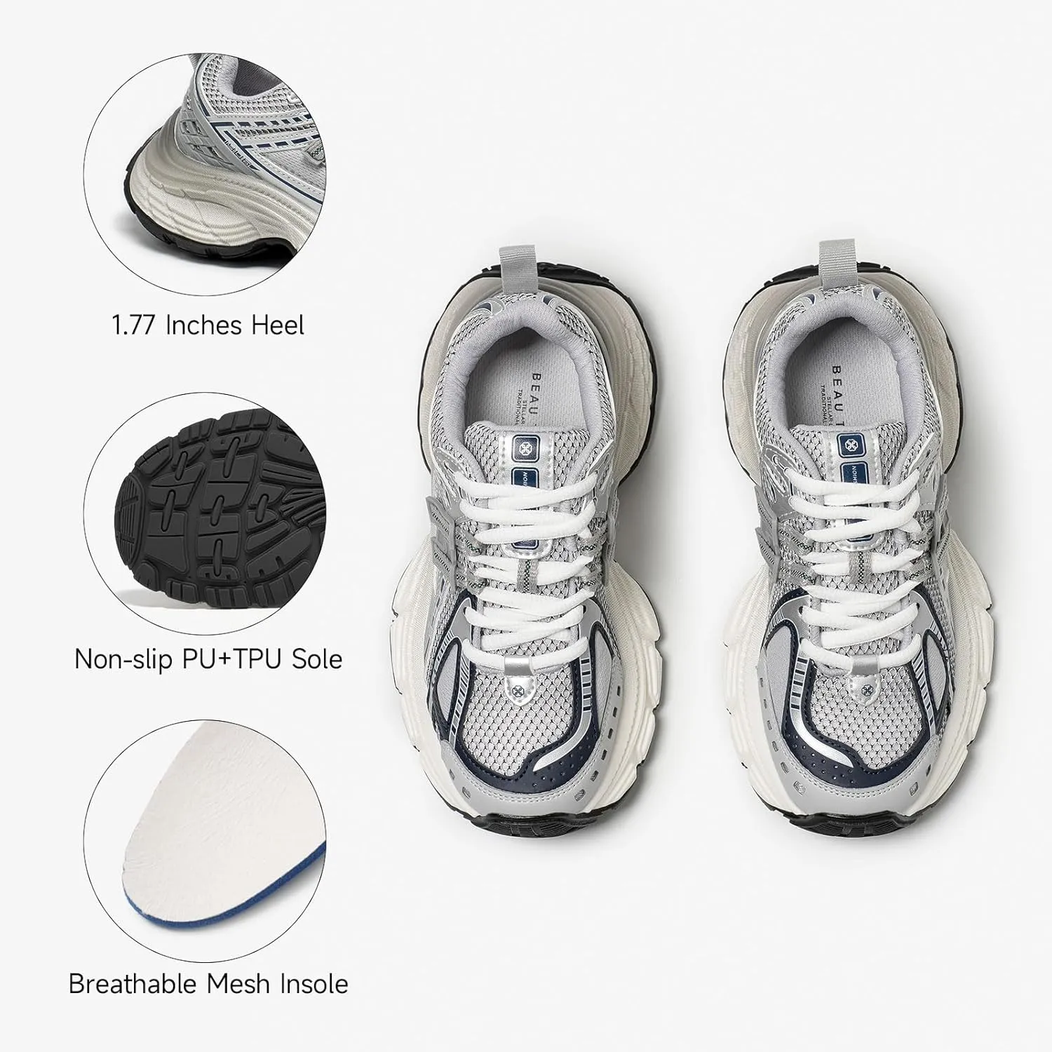 BEAU TODAY Chunky Sneakers for Women, Womens Fashion Sneakers, Lightweight Leather Sneakers for Women, Comfortable Casual Lace-Up Breathable Dad Shoes