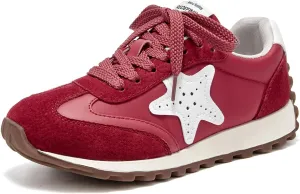 BEAU TODAY Platform Fashion Sneakers for Women, Womens Chunky Leather Sneakers, Comfortable Casual Retro Non-Slip Lace-up Walking Running Gym Shoes Red US 5