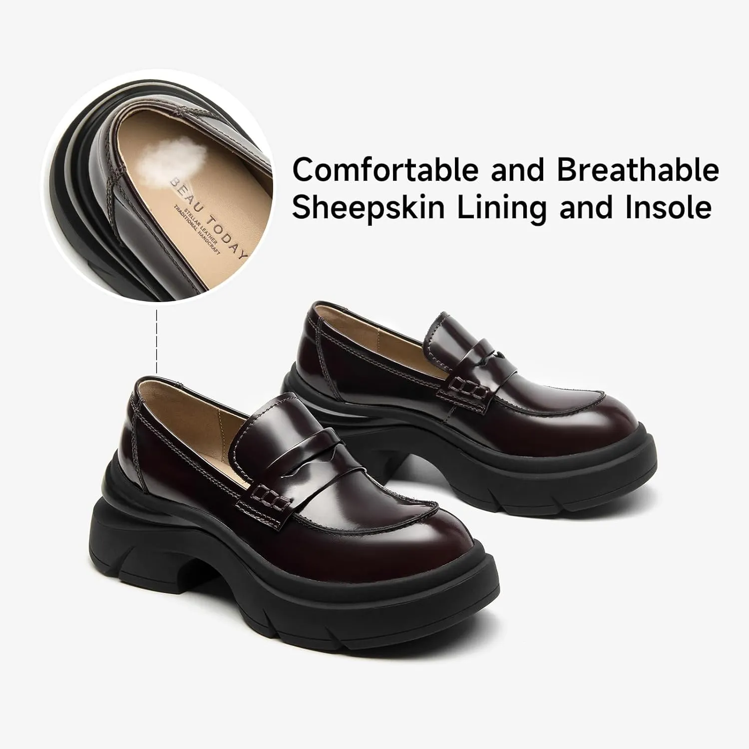 BEAU TODAY Womens Fashion Platform Loafers, Comfort Slip-on Leather Loafers with Chunky Heel, Round Toe Business Work Shoes