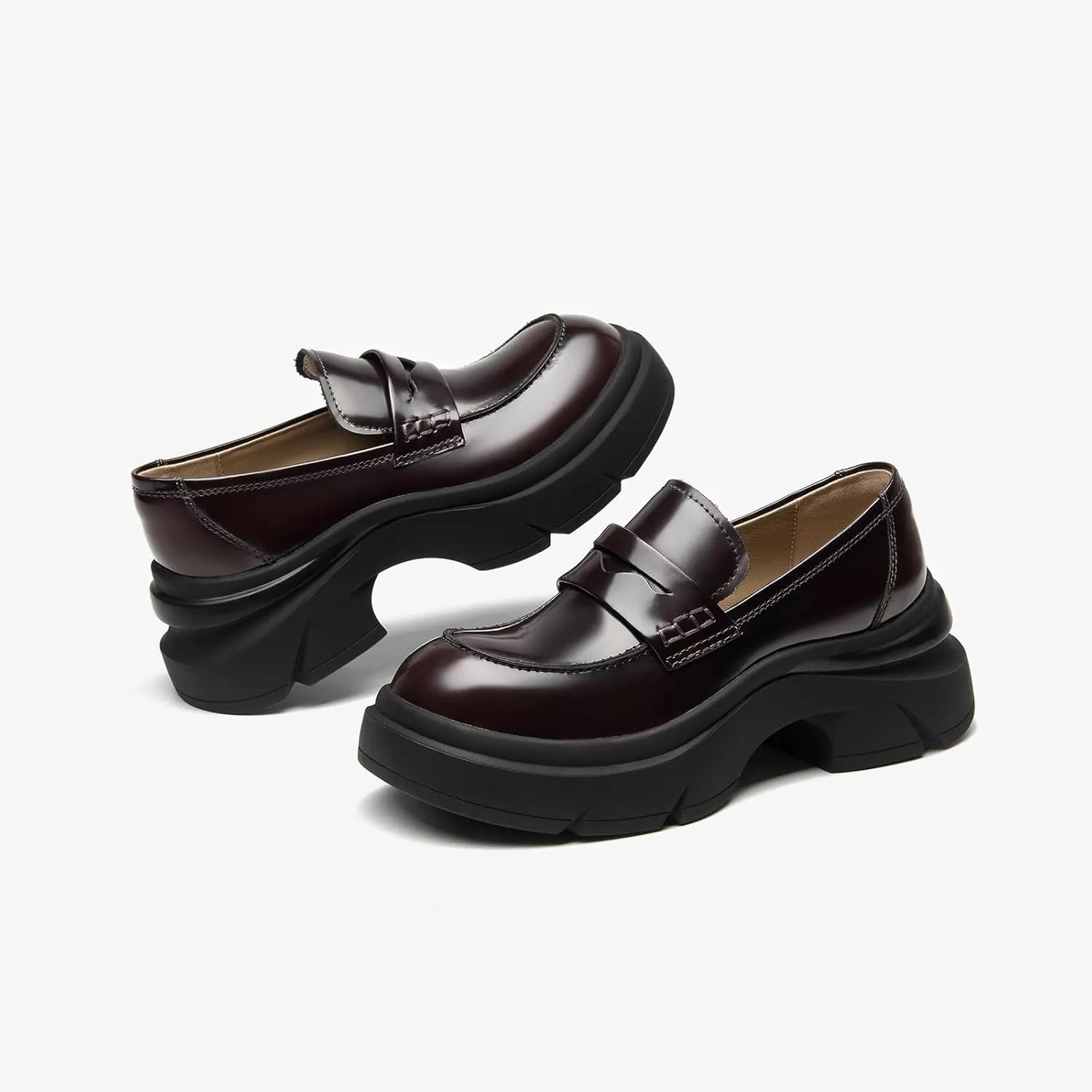 BEAU TODAY Womens Fashion Platform Loafers, Comfort Slip-on Leather Loafers with Chunky Heel, Round Toe Business Work Shoes
