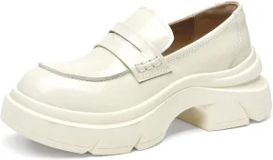 BEAU TODAY Womens Fashion Platform Loafers, Comfort Slip-on Leather Loafers with Chunky Heel, Round Toe Business Work Shoes