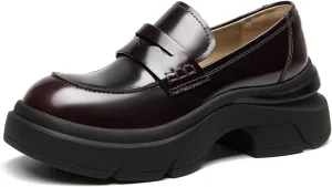 BEAU TODAY Womens Fashion Platform Loafers, Comfort Slip-on Leather Loafers with Chunky Heel, Round Toe Business Work Shoes