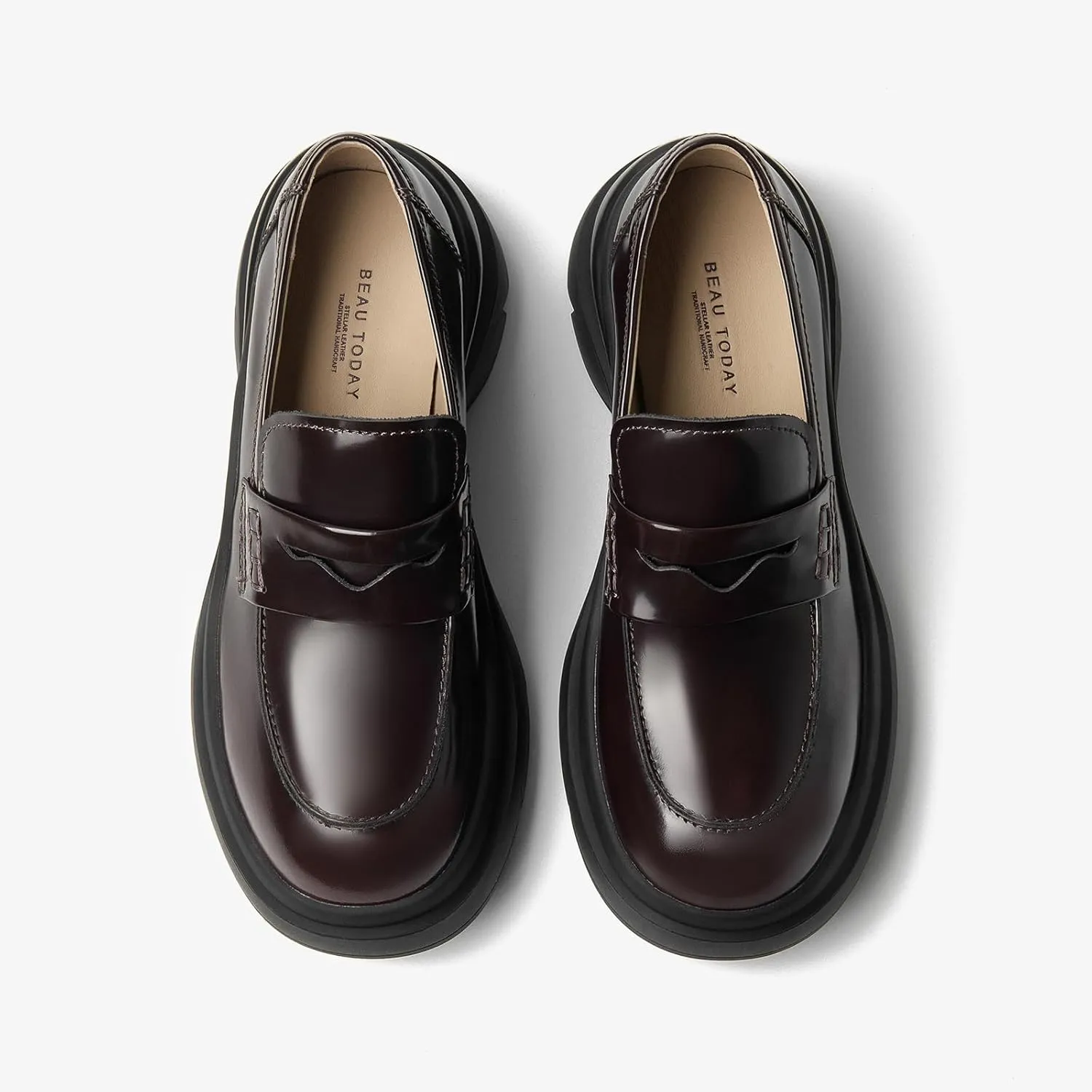BEAU TODAY Womens Fashion Platform Loafers, Comfort Slip-on Leather Loafers with Chunky Heel, Round Toe Business Work Shoes