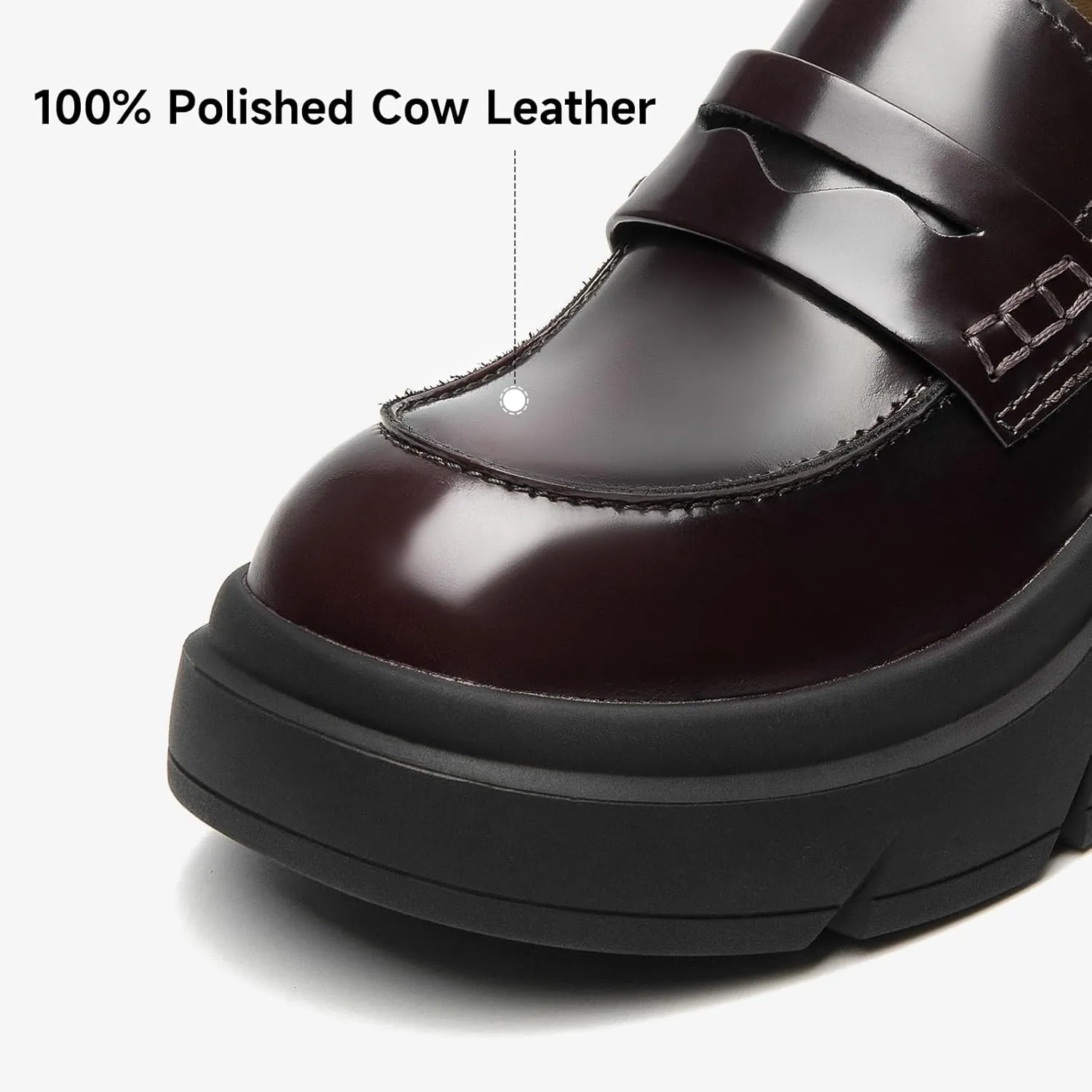 BEAU TODAY Womens Fashion Platform Loafers, Comfort Slip-on Leather Loafers with Chunky Heel, Round Toe Business Work Shoes